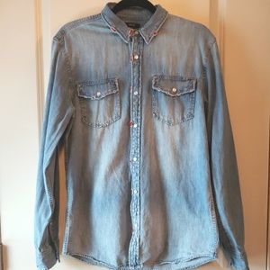 American Rags Denim Shirt w Distressed Red Accent